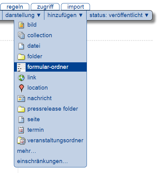 Hinzufügen-Menü mit Eintrag »Formular-Ordner«